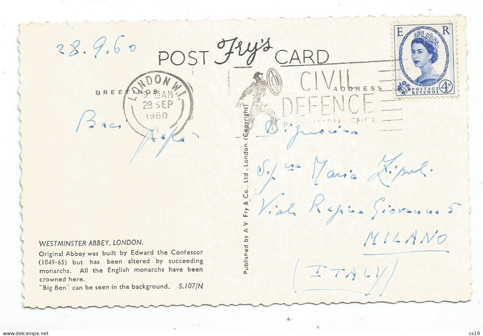 UK Britain Wilding Graphite Lines D.4 Solo Franking Pcard London 28sep1960 X Italy - Storia Postale