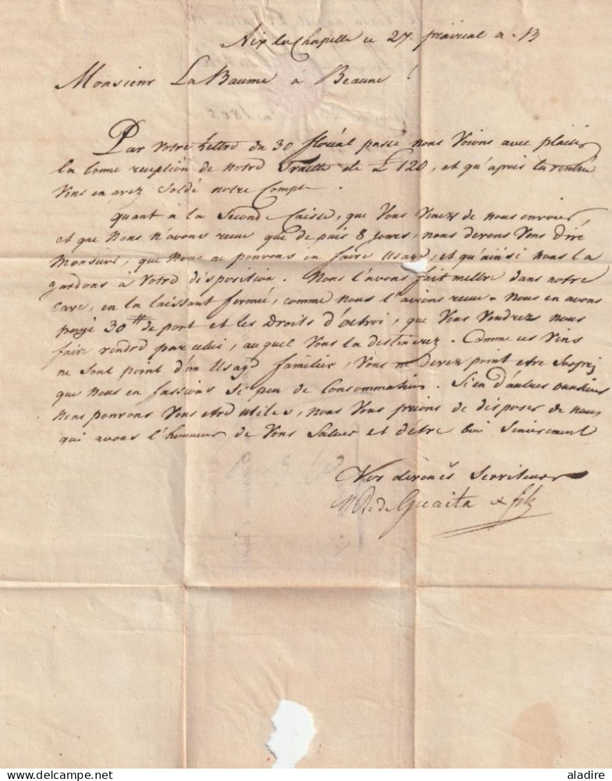 1805 - 27 Prairial XIII - Lettre Pliée De 103 AIX LA CHAPELLE En Rouge Vers BEAUNE, Côte D'Or - Taxe 8 - 1792-1815: Conquered Departments
