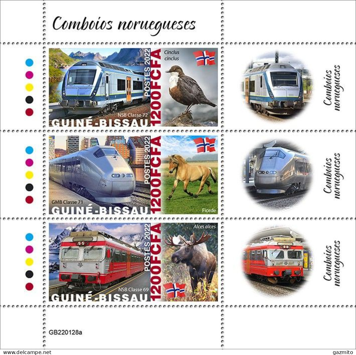 Guinea Bissau 2022, Train In Norway, Bird, Horse, Reindeer, 3val In Block - Paarden