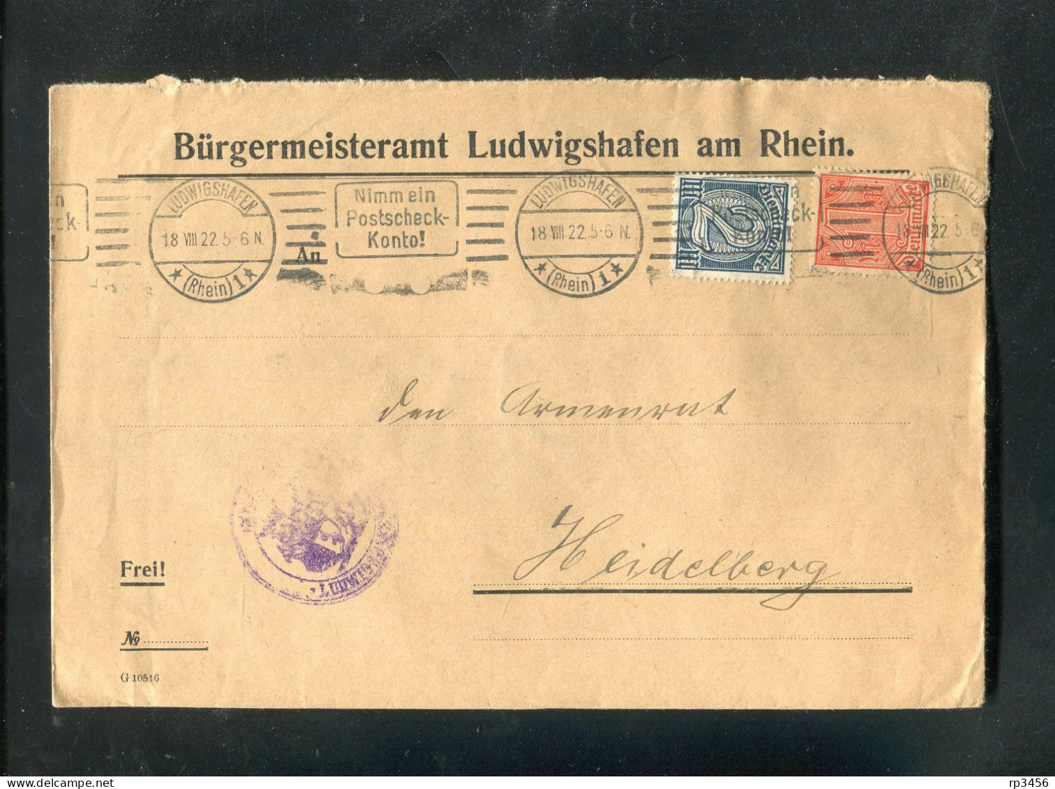 "DEUTSCHES REICH" 1922, Dienstbrief Mit MiF Ex Buergermeisteramt Ludwigshafen Nach Heidelberg (R1014) - Service