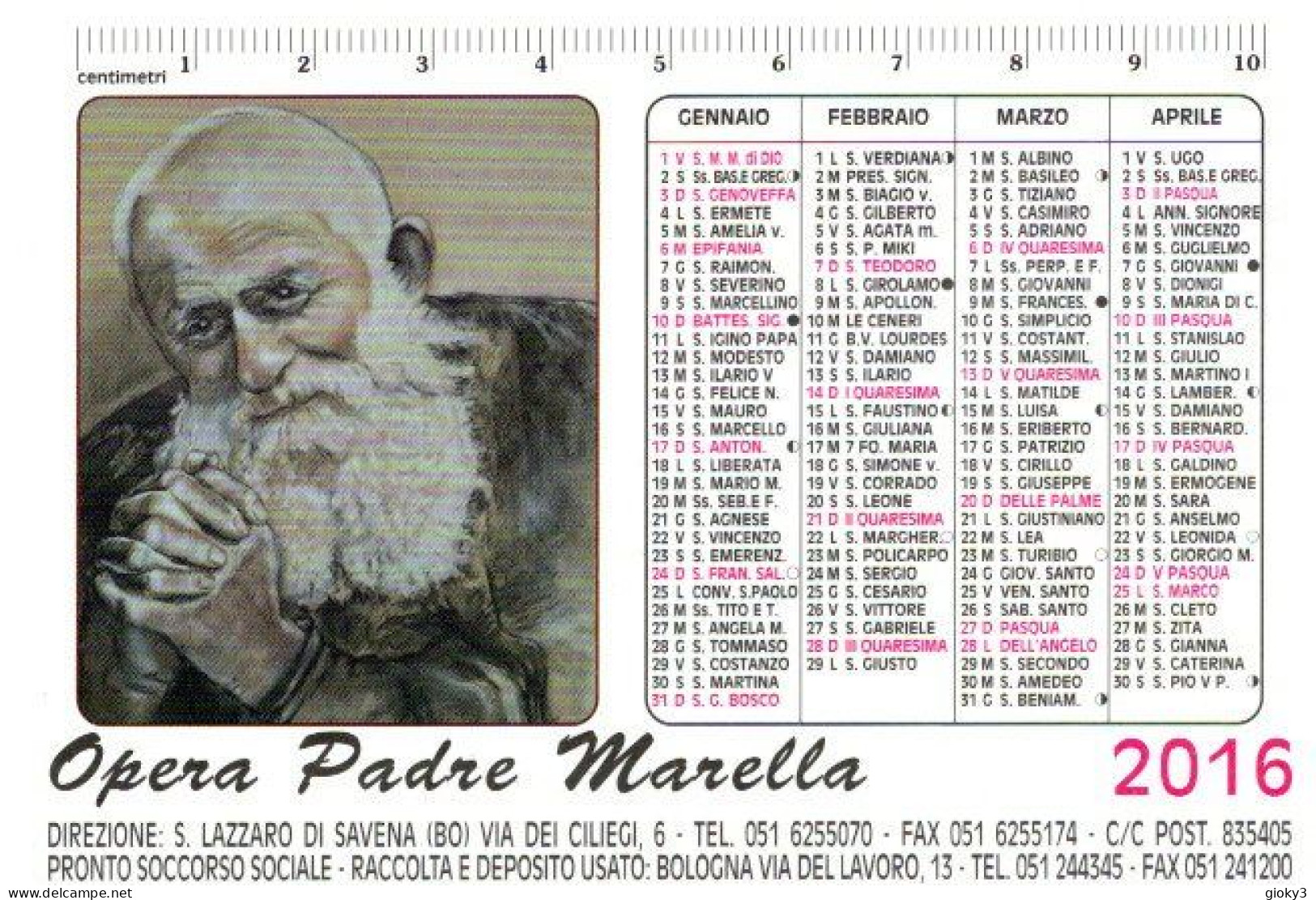 CALENDARIO FORMATO PICCOLO 2016 OPERA PADRE MARELLA - Tamaño Pequeño : 2001-...