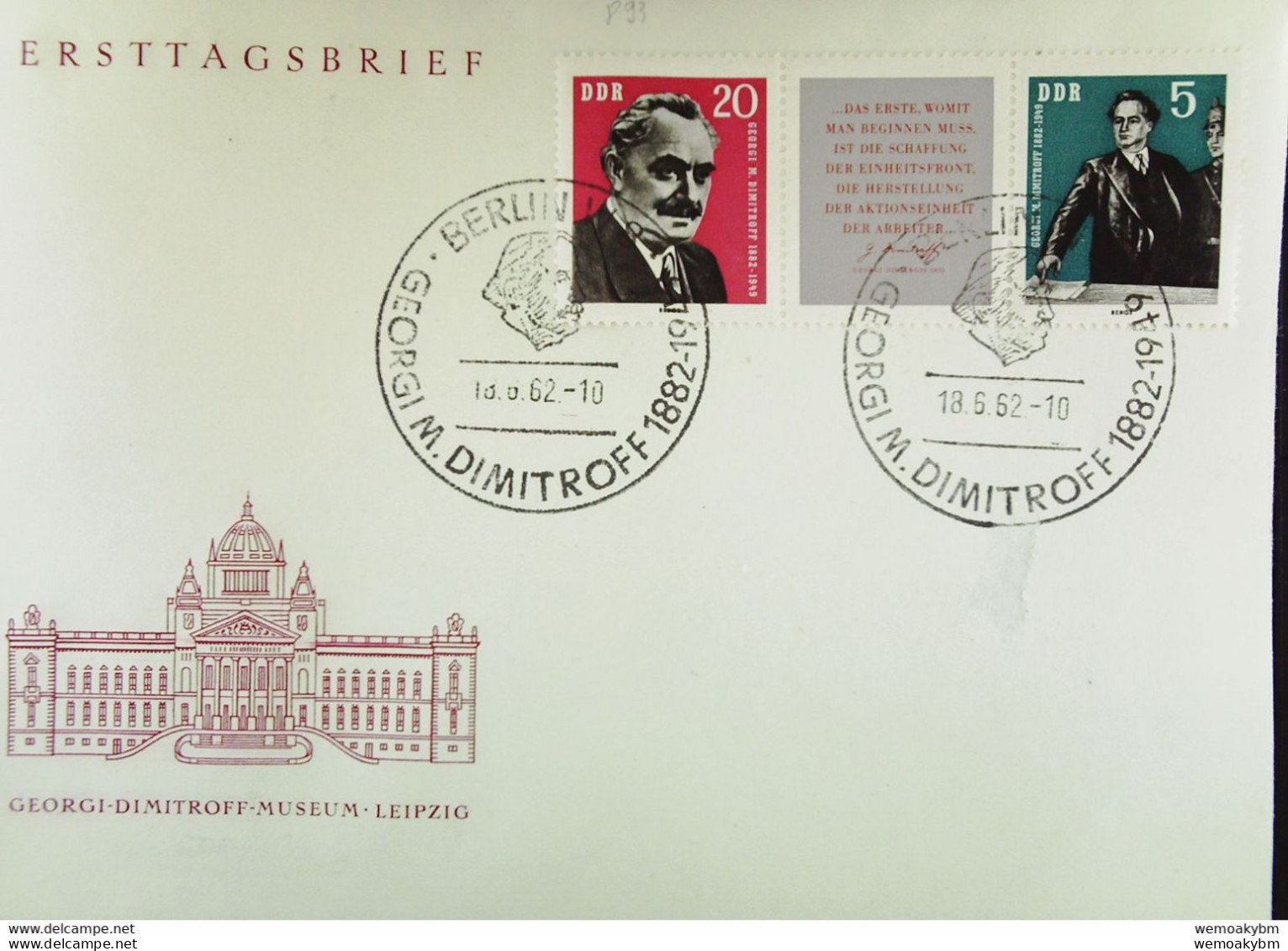 DDR: FDC-Brief Mit Georgi Dimitroff Museum Leipzig Mit SoSt BERLIN W8 Vom 18.6.62;  20/ZF/5 Pfg  Knr: 894/ZF/893 - 1950-1970