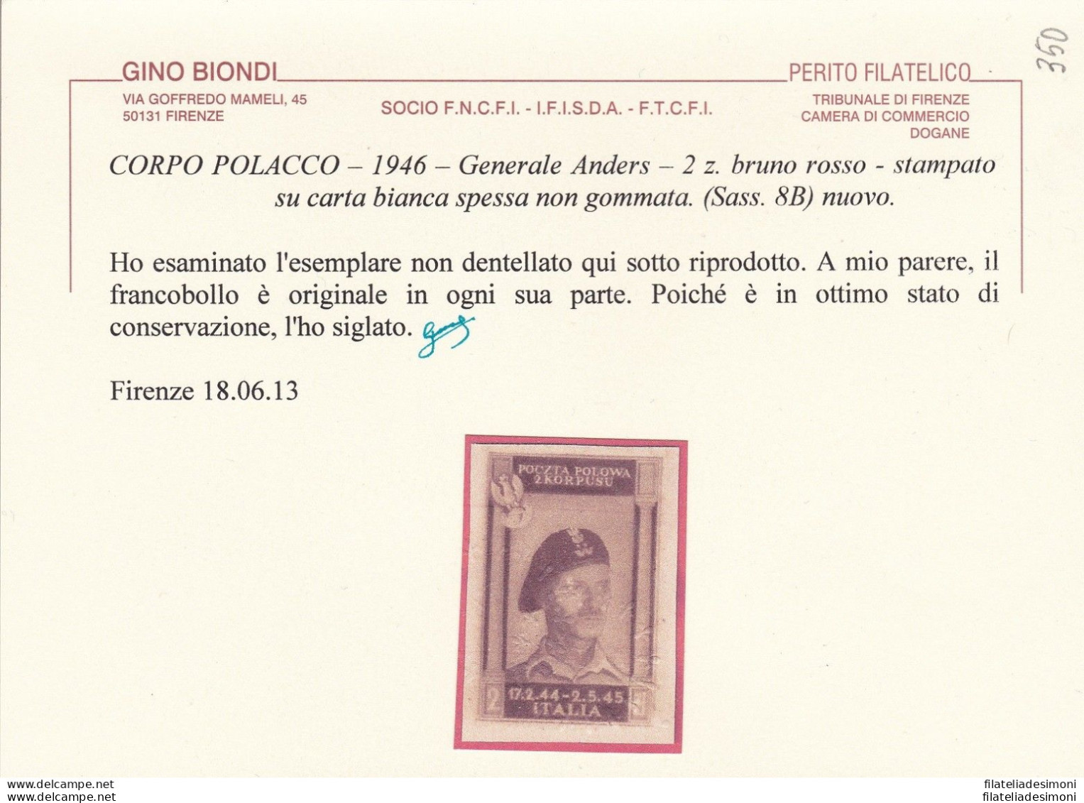 1946 CORPO POLACCO, N° 8B 2z. Bruno Rosso CARTA SPESSA (*) SENZA GOMMA - 1946-47 Zeitraum Corpo Polacco