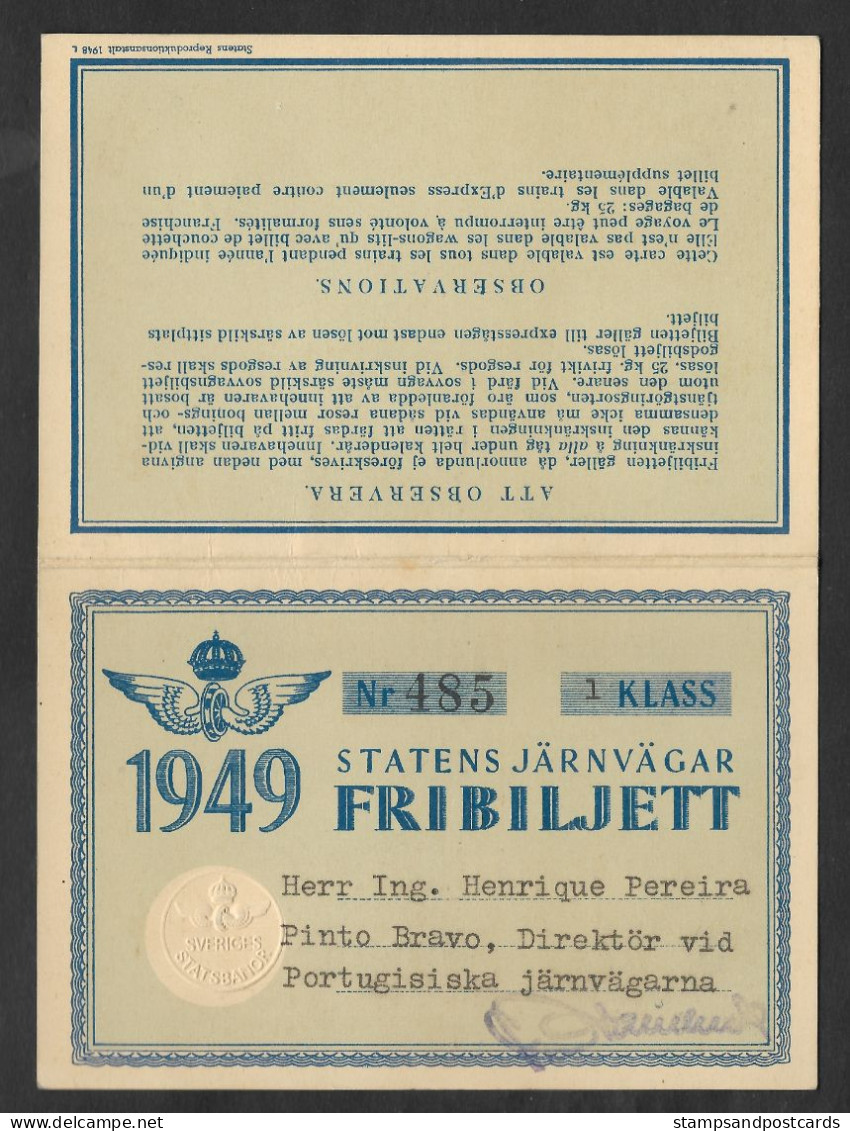 Suède Passe Chemin De Fer Première Classe 1949 Sweden Railway First Class Railroad Pass Train Sverige - Europa