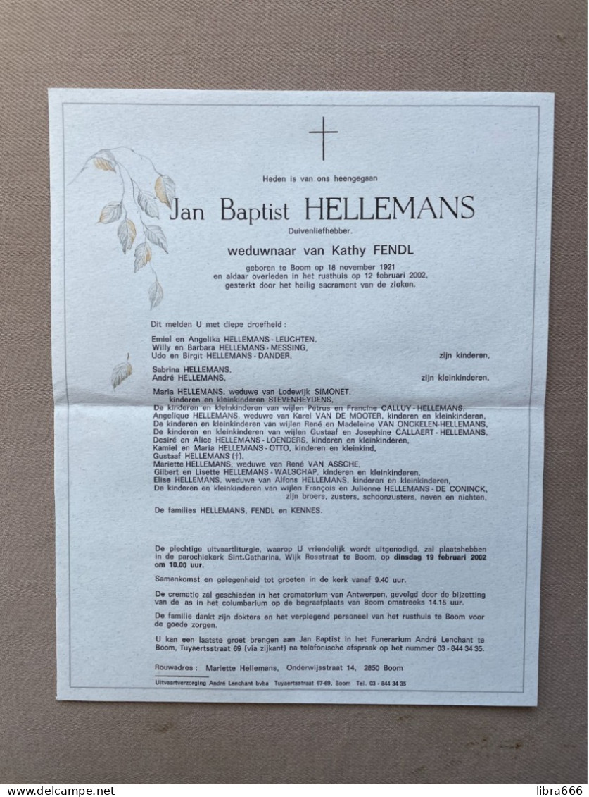 HELLEMANS Jan Baptist °BOOM 1921 +BOOM 2002 - FENDL - KENNES - LEUCHTEN - MESSING - DANDER - SIMONET - STEVENHEYDENS - Décès