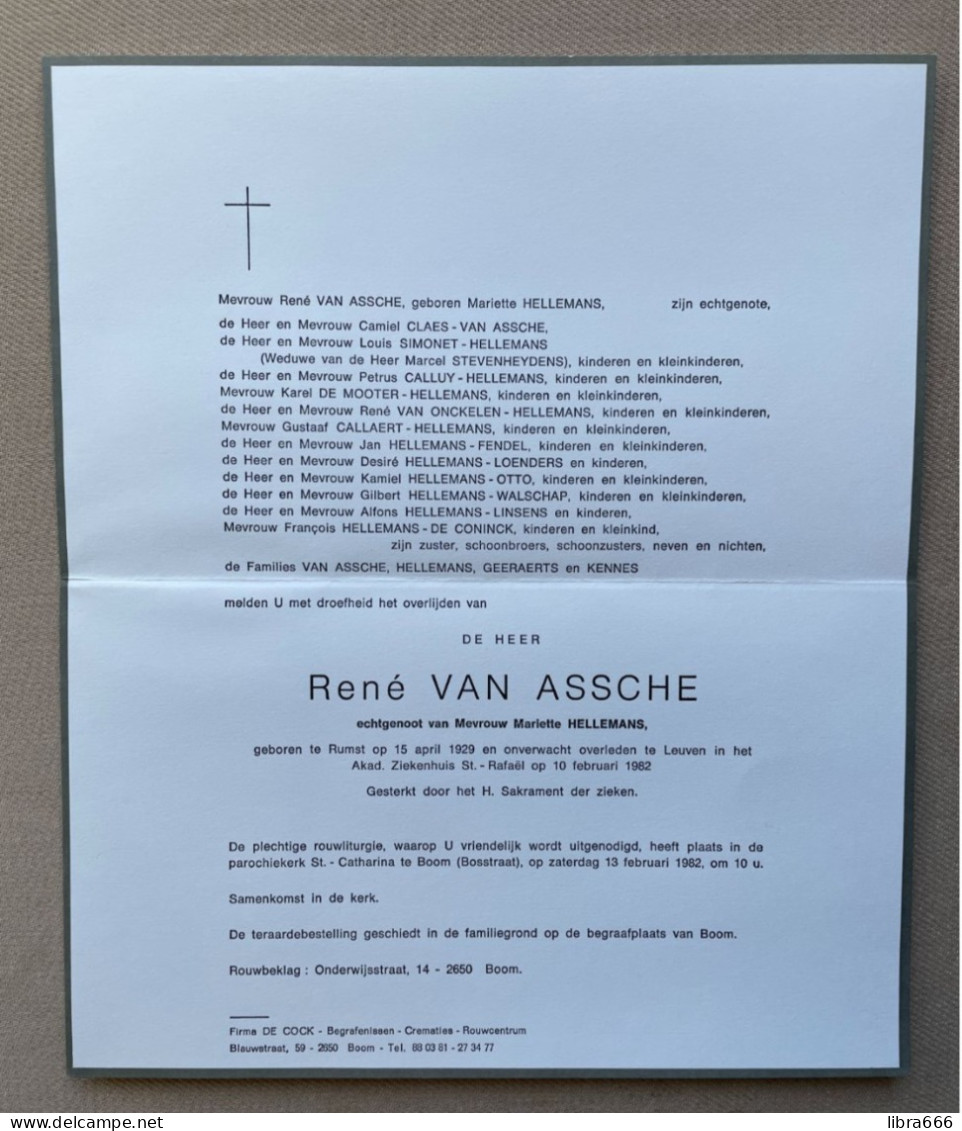 VAN ASSCHE René °RUMST 1929 +LEUVEN 1982 - HELLEMANS - GEERAERTS - KENNES - CLAES - SIMONET - STEVENHEYDENS - CALLUY - Décès