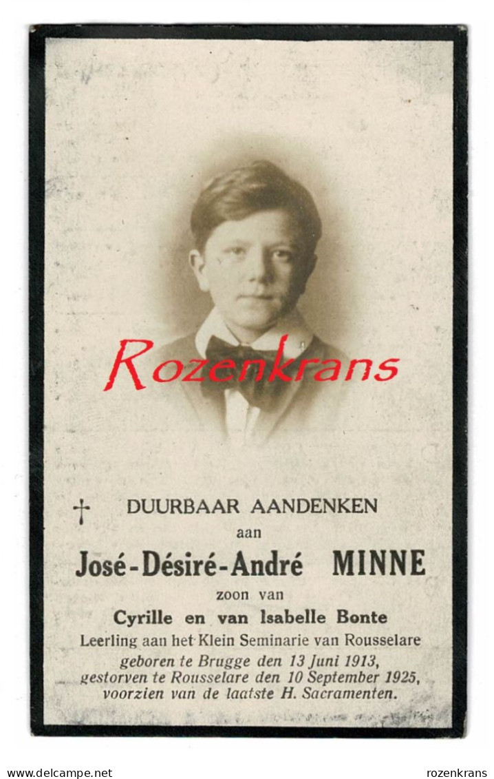 José Minne Cyrille Isabelle Bonte Zoontje Kind Enfant Child Brugge Roeselare 1925 Foto Photo Doodsprentje Bidprentje - Décès