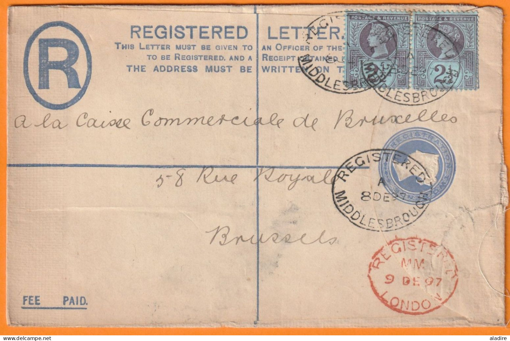 1897 - QV - Enveloppe RECOMMANDEE De MIDDLESBROUGH, England Vers BRUXELLES Brussels, Belgique - Postmark Collection