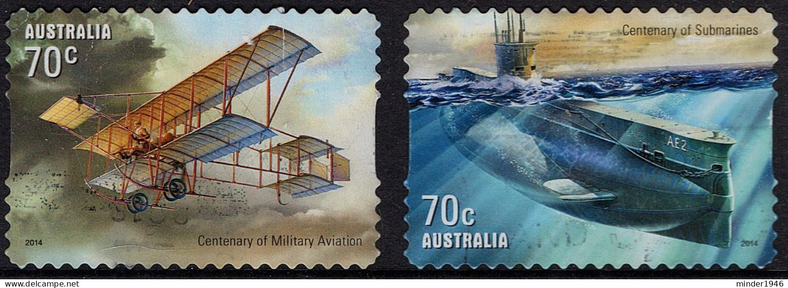 AUSTRALIA 2014 QEII 70c Multicoloured, 100th Anniversary Of Military Aviation And Submarines Self Adhesive Pair Used - Gebruikt