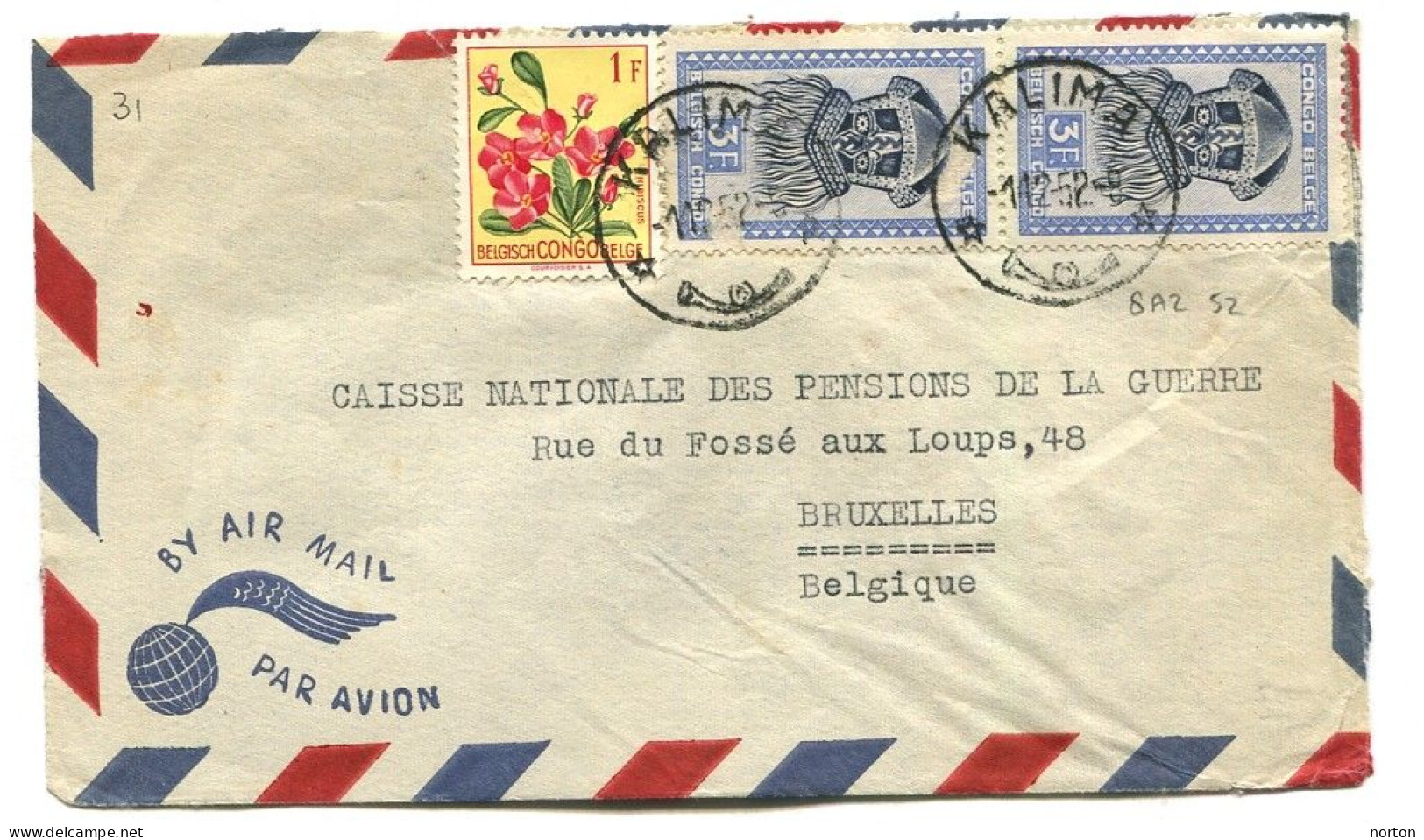 Congo Kalima Oblit. Keach 8A2 Sur C.O.B. 288A (paire)+310 Sur Lettre Vers Bruxelles Via Costermansville Le 01/12/1952 - Brieven En Documenten