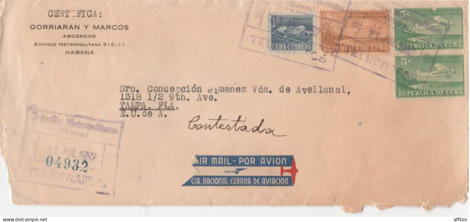 Cuba 1952 Registered Cover Mailed - Cartas & Documentos
