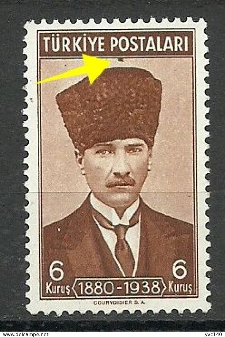 Turkey; 1939 1st Anniv. Of The Death Of Ataturk 6 K. "Printing Stain" - Nuevos