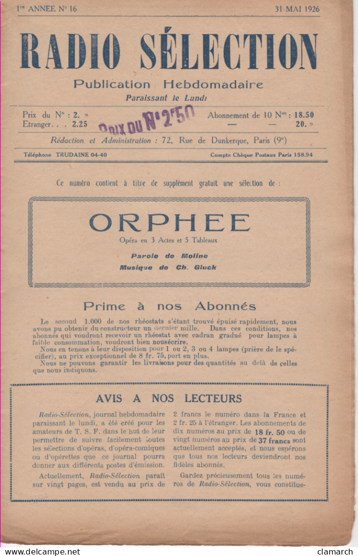 Partitions-RADIO SELECTION - ORPHEE Opéra En 3 Actes & 5 Tableaux, Paroles De Moline, Musique De Ch Gluck - Partitions Musicales Anciennes