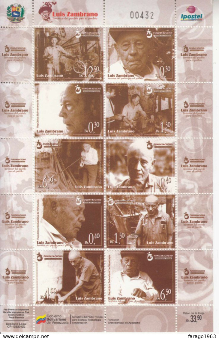 2012 Venezuela Luis Zambrano Inventor Miniature Sheet Of 10 MNH - Venezuela