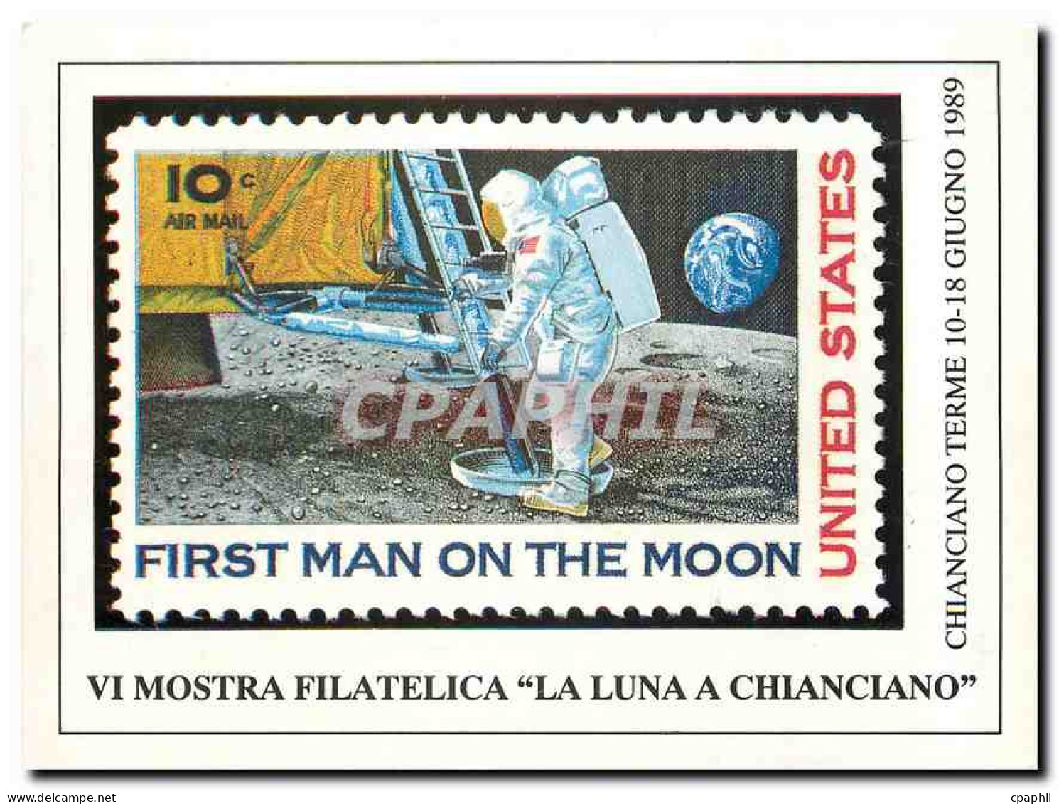 CPM First Man On The Moon United States Vi Mostra Filatelica La Luna A Chianciano  - Raumfahrt