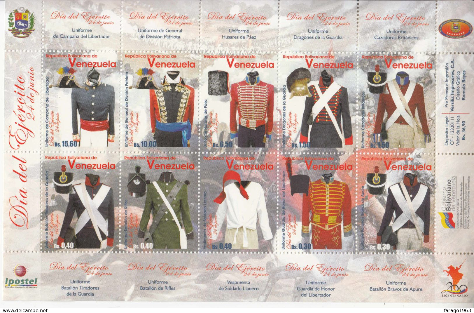 2011 Venezuela Army Day Military Uniforms Miniature Sheet Of 10 MNH - Venezuela