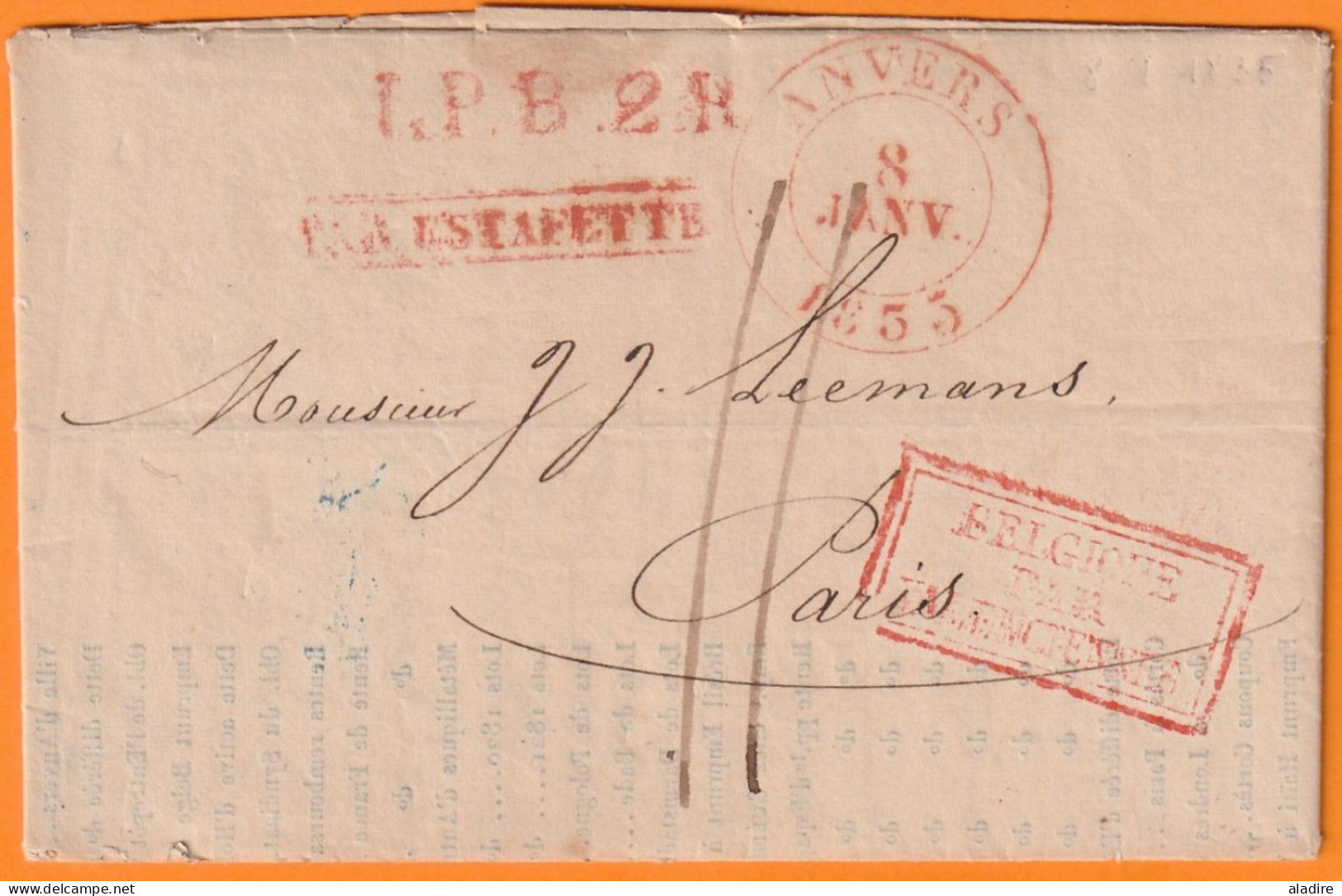 1835 - Lettre Pliée En Français Et Cours De La Bourse D' ANVERS Antwerpen Vers PARIS, France - PAR ESTAFETTE - 1830-1849 (Unabhängiges Belgien)