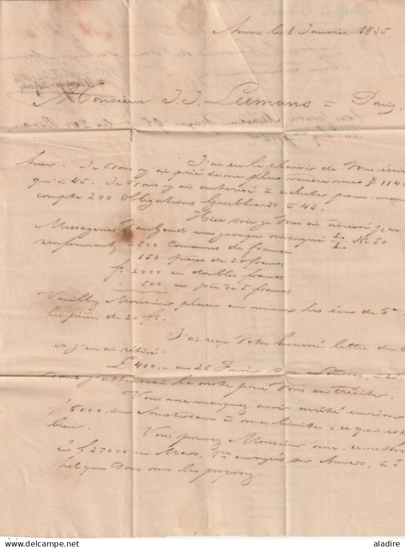 1835 - Lettre Pliée En Français Et Cours De La Bourse D' ANVERS Antwerpen Vers PARIS, France - PAR ESTAFETTE - 1830-1849 (Belgique Indépendante)