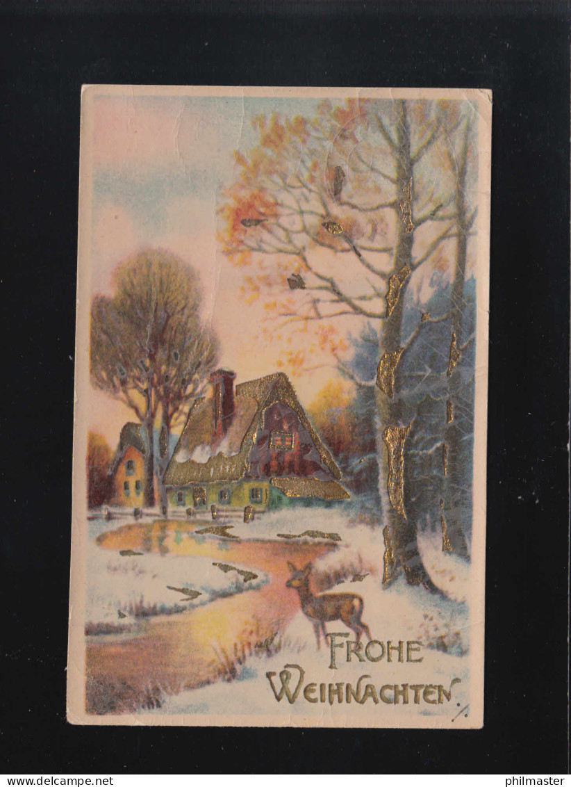 Reh Winterlandschaft Fluss Bauernhaus, Frohe Weihnachten Aschersleben 23.12.1949 - Controluce