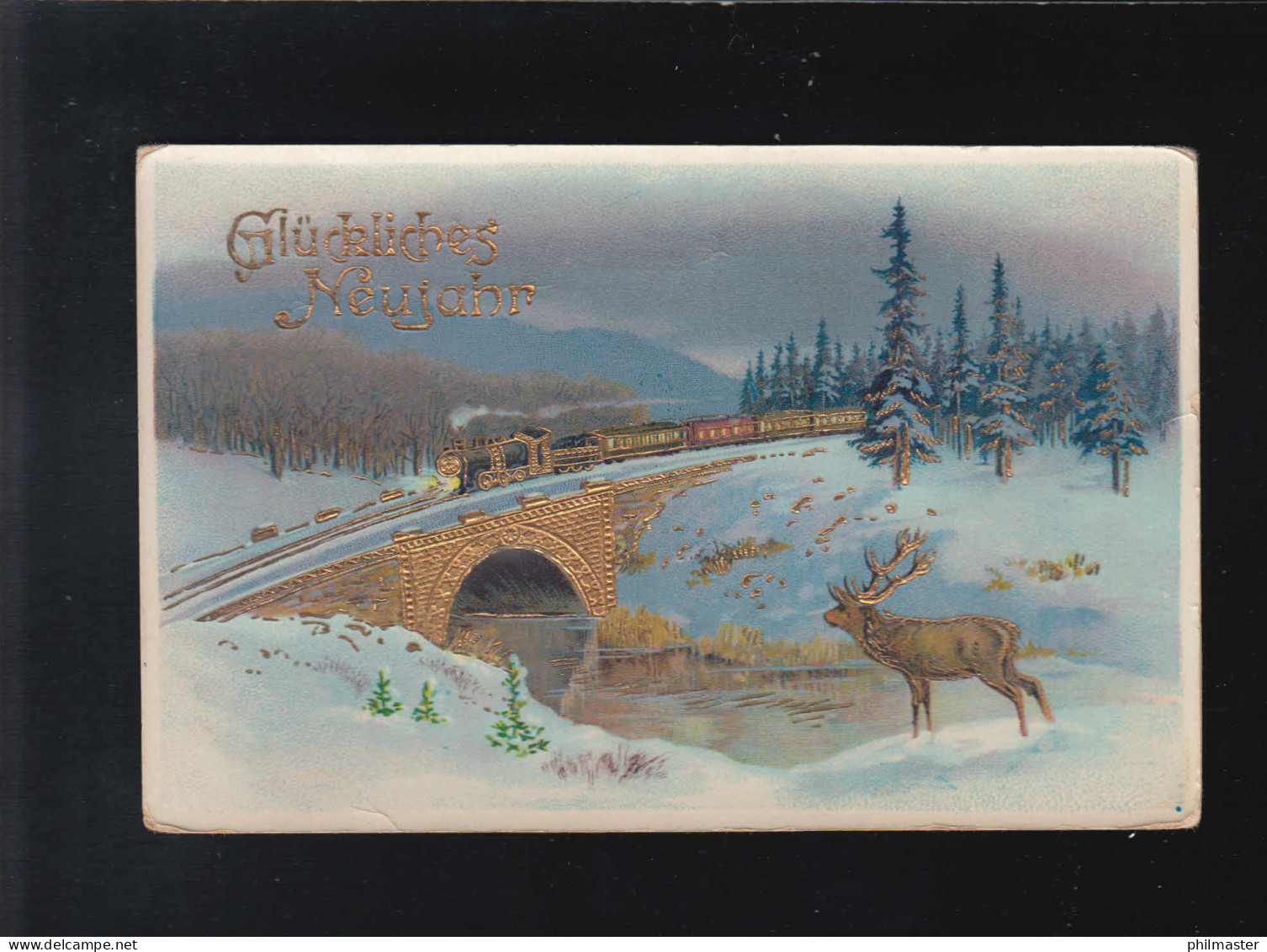 Neujahr Hirsch Winterlandschaft Zug Eisenbahn Gold Brücke, Mannheim 30.12.1941 - Controluce