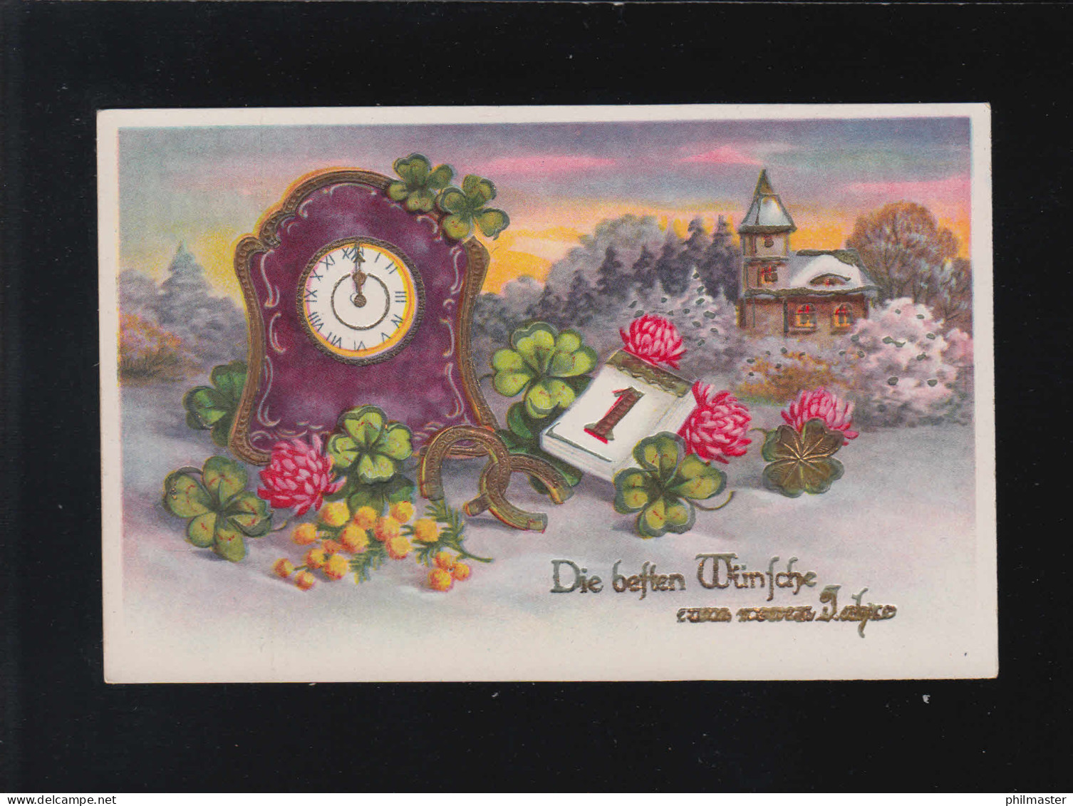 Uhr Kalender Klee Blumen Dorf Schnee Besten Wünsche Zum Neuen Jahr, Ungebraucht - Tegenlichtkaarten, Hold To Light