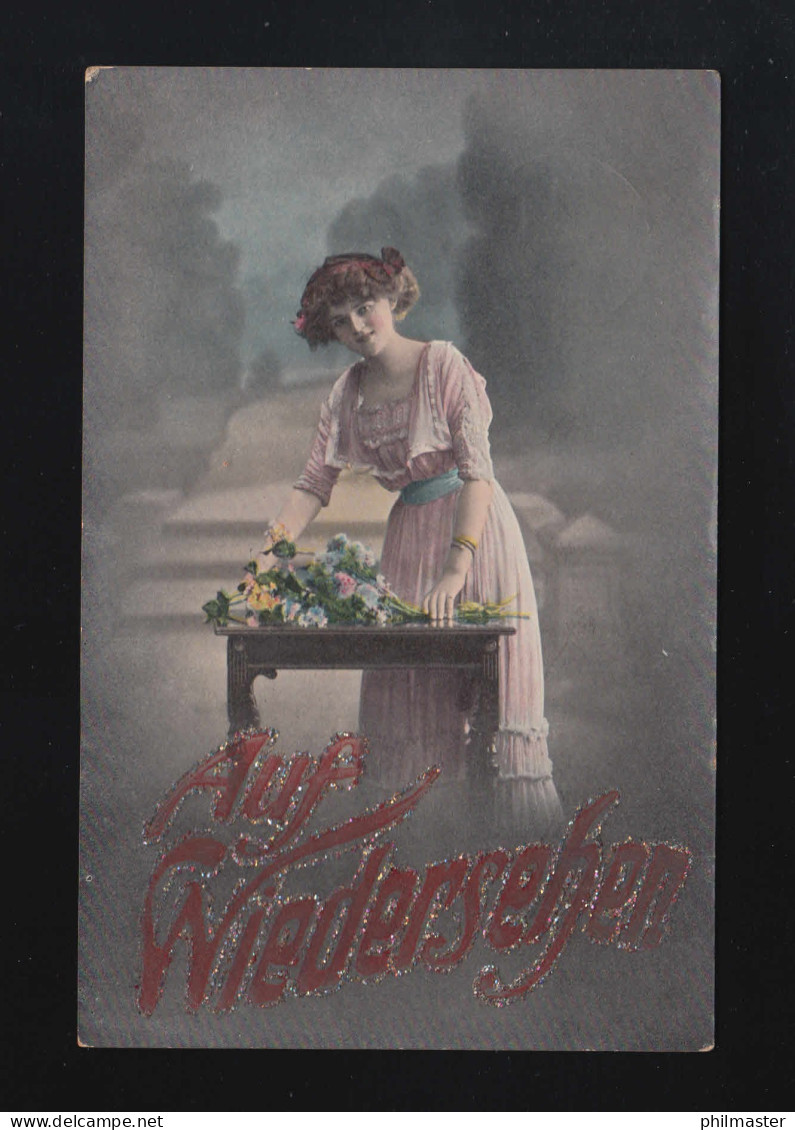 Junge Frau Rosa Kleid Blumenstrauß Auf Wiedersehen! Weiden (O.-Pfalz) 13.6.1915 - Controluce
