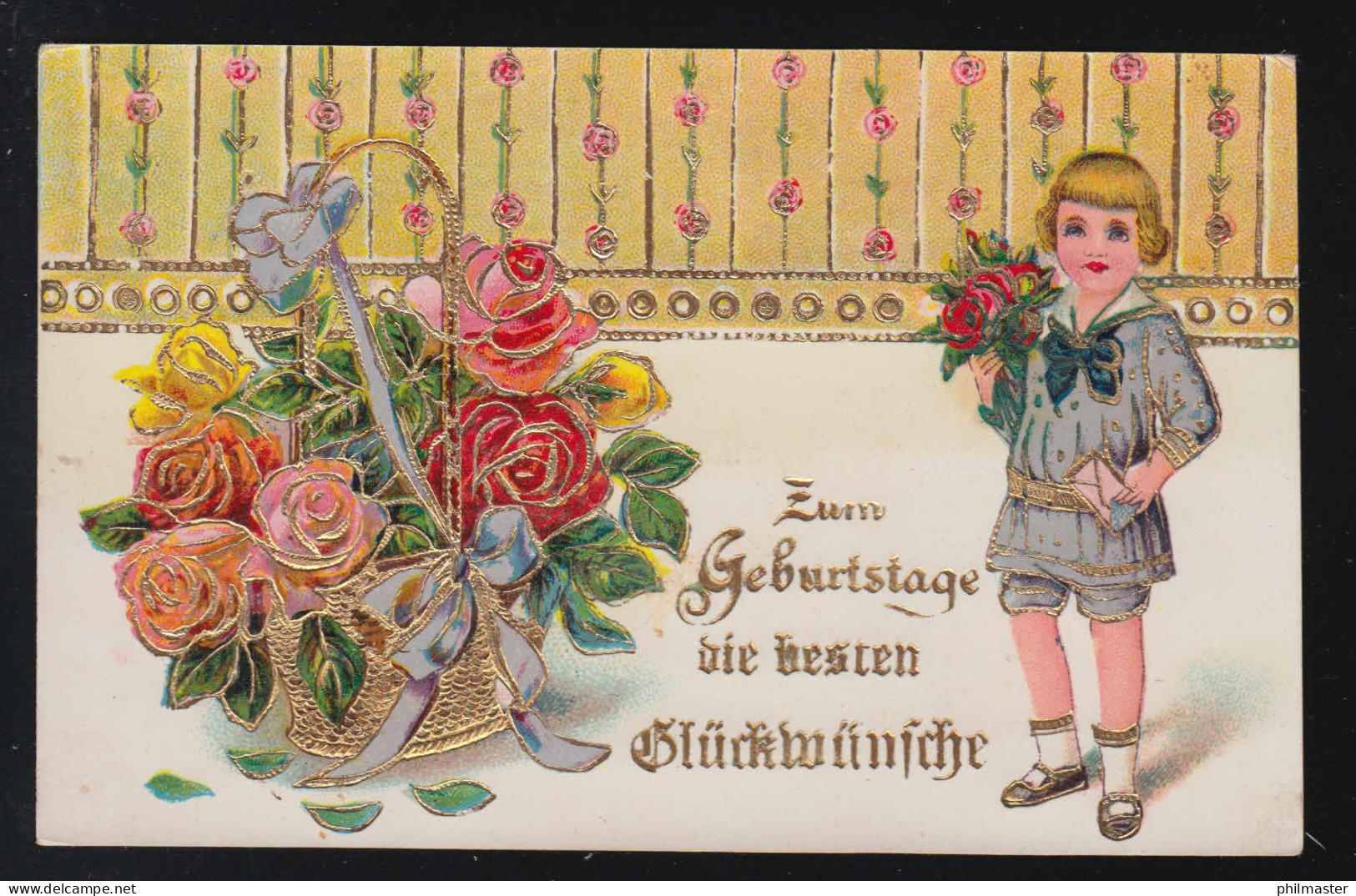 Zum Geburtstage Beste Glückwünsche Rosenkorb Kind Bringt Rosen Rodewald 14.9.29 - Tegenlichtkaarten, Hold To Light