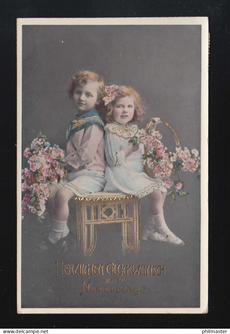 Glückwunsch Namenstag, Kinder Mit Blumenkörben Fotografie, Neersen 16.3.1912 - Contre La Lumière