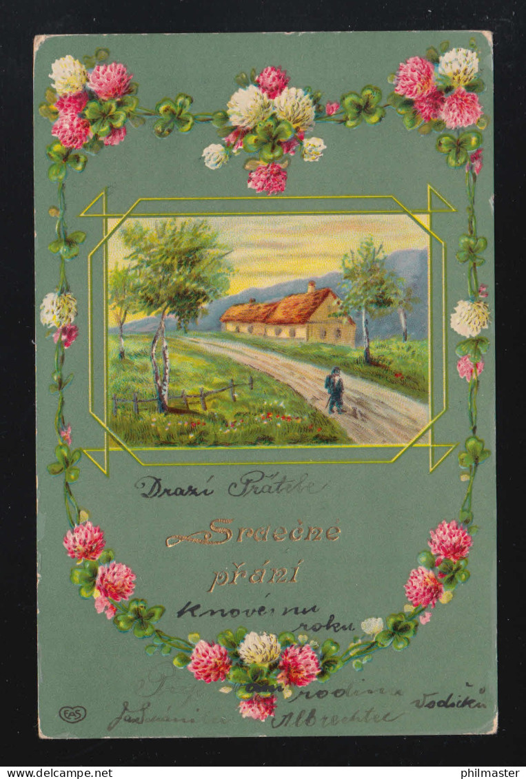 Srdečne Přáni Herzliche Grüße Blumengirlanden Dorfidylle, Nezdabov Um 1910 - Controluce