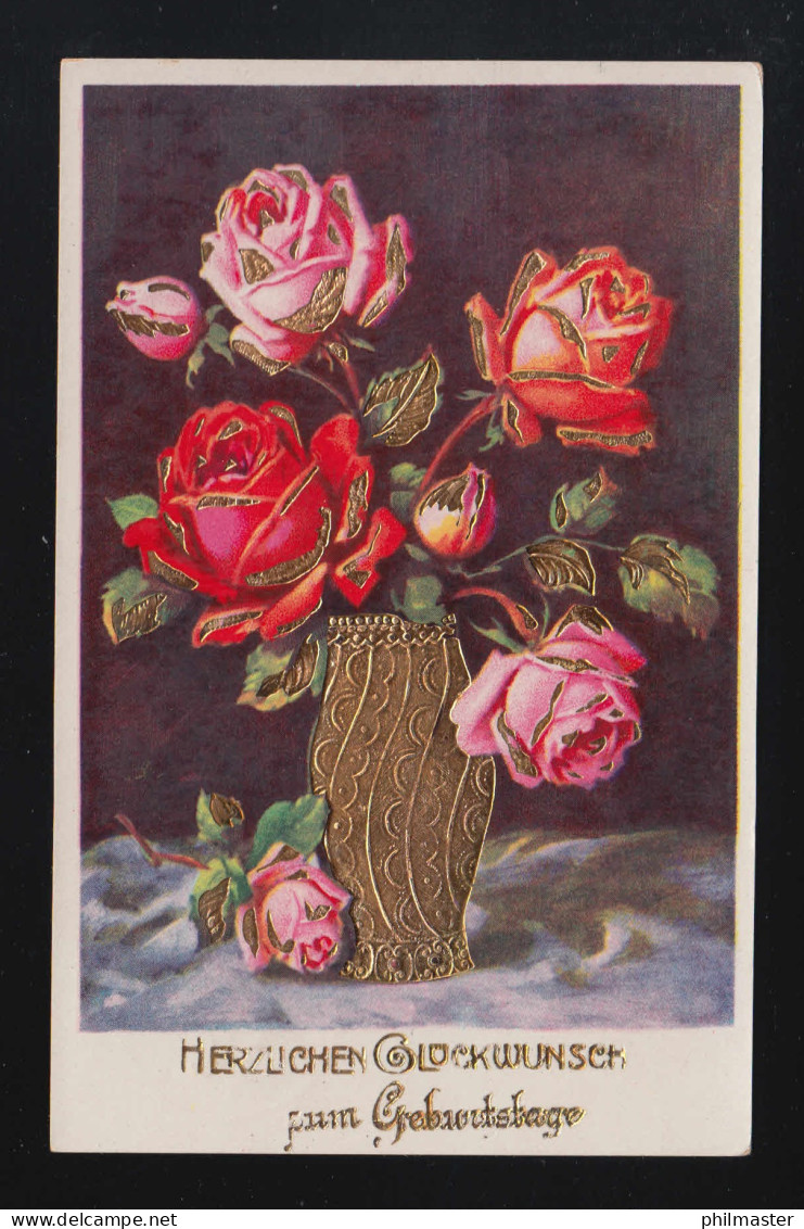 Rote + Rosa Rosen Goldvase Herzlichen Glückwunsch Geburtstag, Jüterbog 12.9.1938 - Controluce