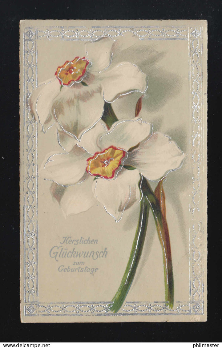 Weiße Blüten Silber Verzierung Glückwunsch Zum Geburtstag, Gildehaus 7.12.1922 - Hold To Light