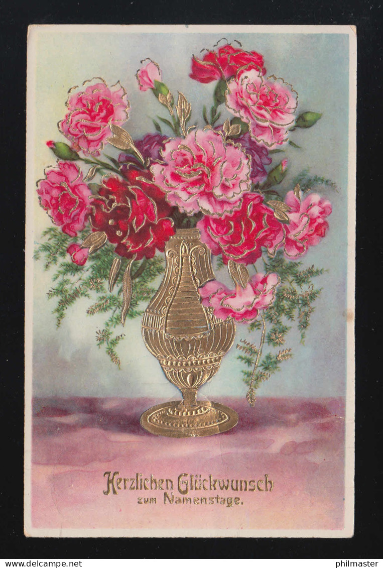 Rosa Rote Blumen Strauß Goldvase, Glückwunsch Namenstag, Untergrub 14.10.1935 - Tegenlichtkaarten, Hold To Light