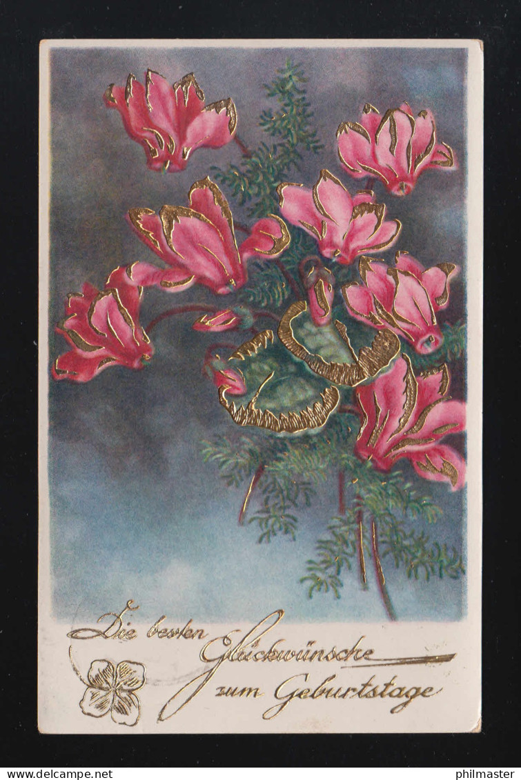 Beste Glückwünsche Geburtstag Rote Blumen Mit Gold, Jüterbog 12.9.1936 - Tegenlichtkaarten, Hold To Light