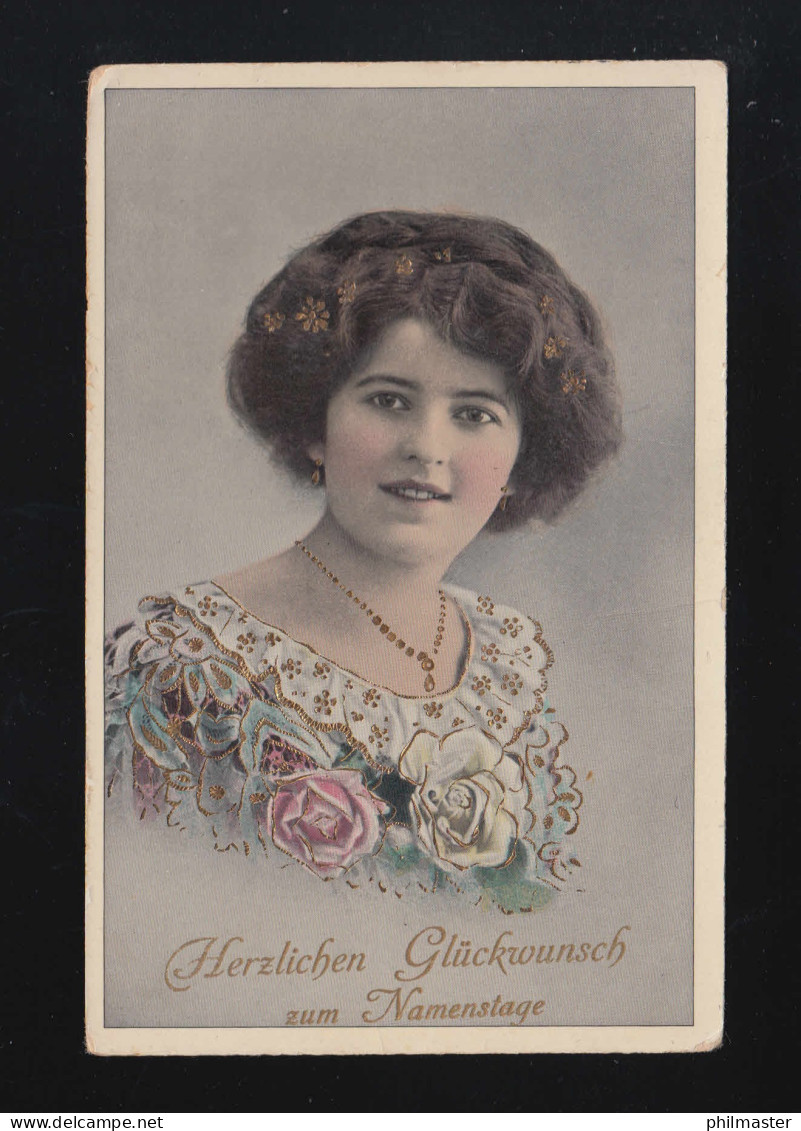 Frau Dunkle Locken, Blumenkleid Gold Glückwunsch Namenstag, Aachen 14.12.1912 - Hold To Light