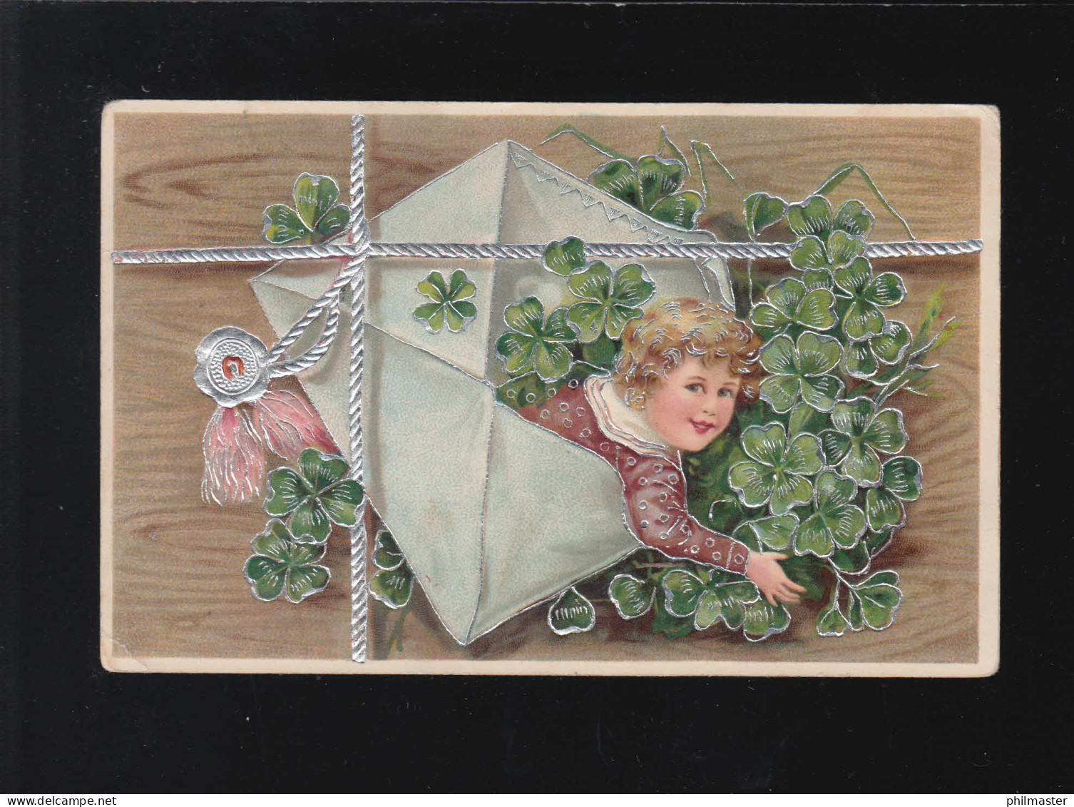 Kind Mit Locken In Einem Briefumschlag Mit Glücksklee Blätter, Gera 13.9.1907 - Contre La Lumière