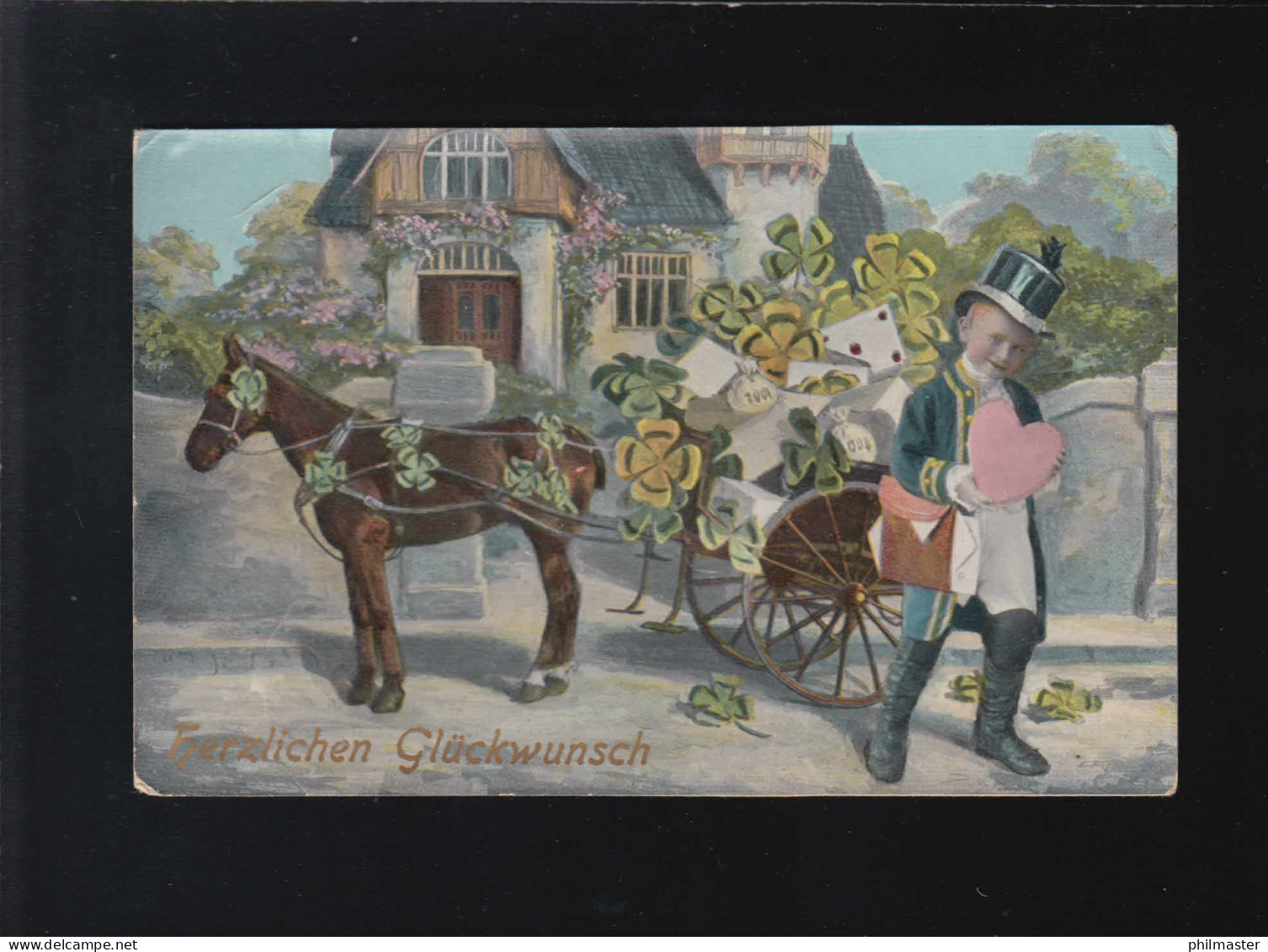 Pferdefuhrwerk Glücksklee Geschenke Herzlichen Glückwunsch, Forchheim 25.12.1910 - Controluce
