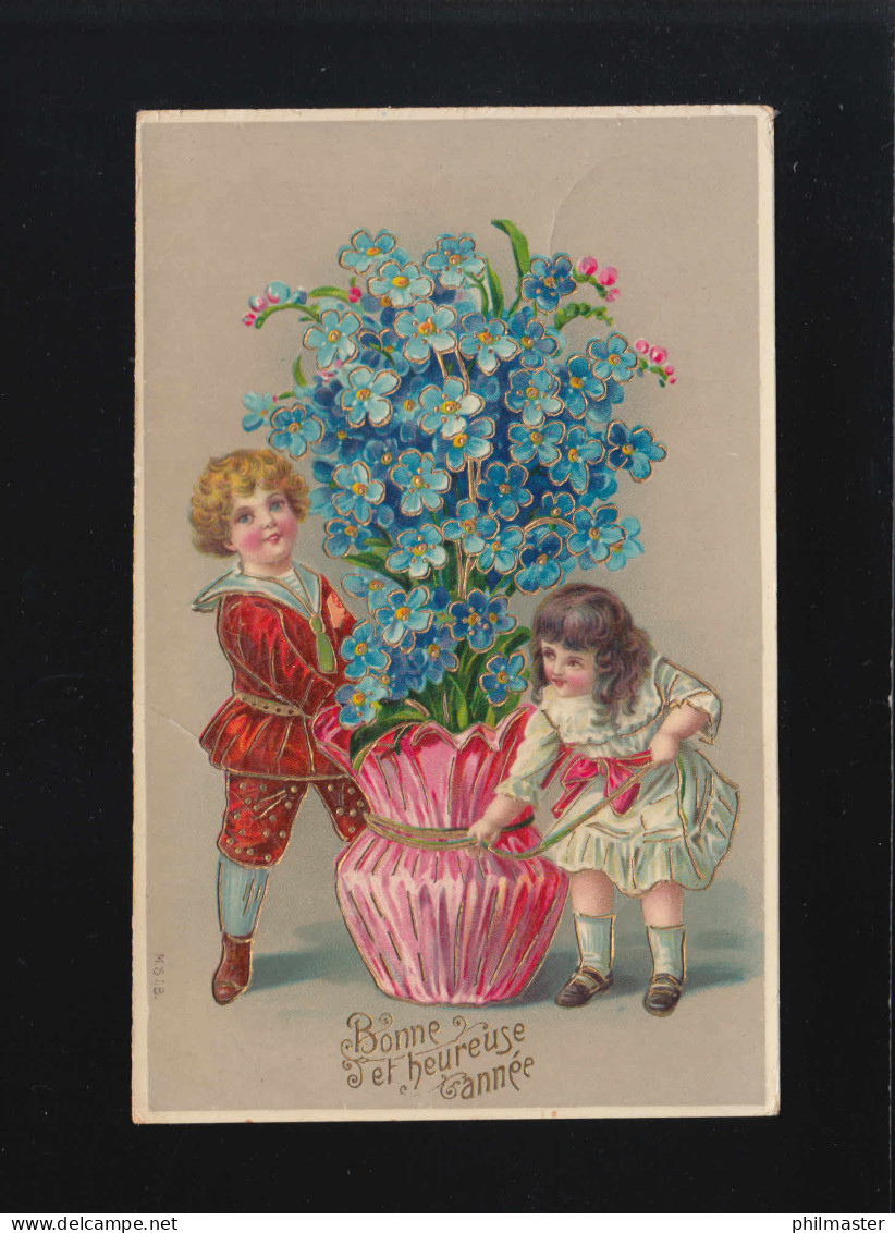 Kinder Schmücken Eine Riesige Blume, Bonne Et Heureuse Anée, Gelaufen 1912 - Contre La Lumière