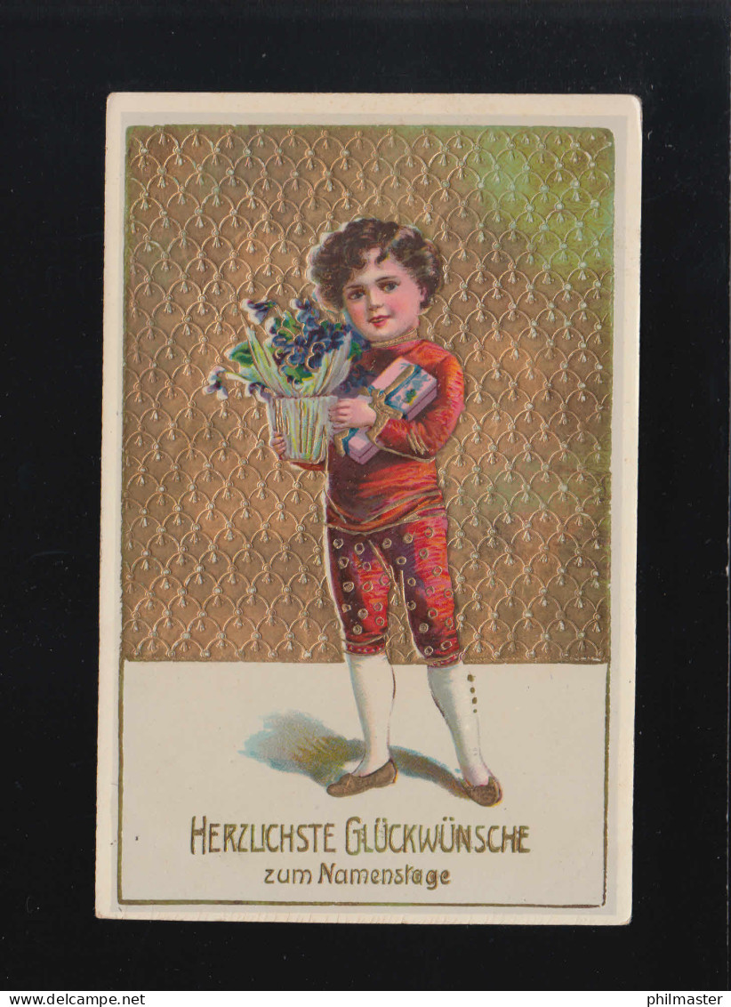 Kind Im Roten Gewand Glückwünsche Geburstag Blumen Geschenk, Teisendorf 9.3.1913 - Hold To Light