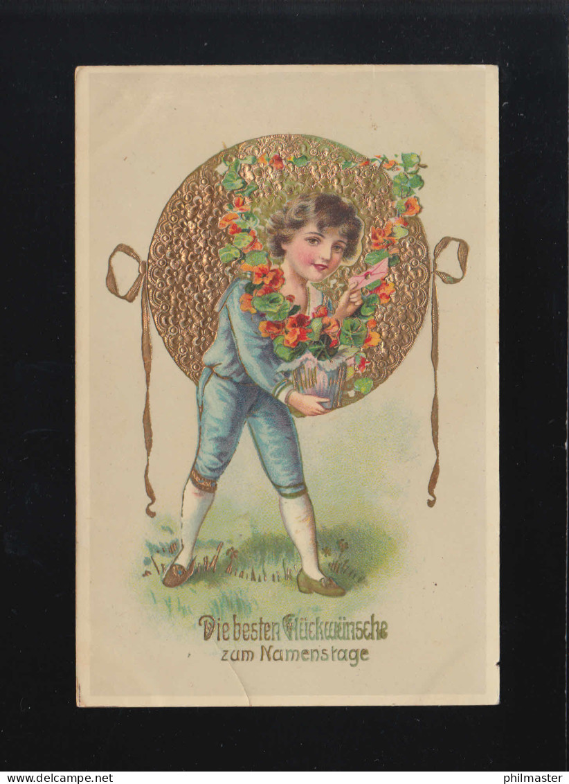 Die Besten Glückwünsche Namenstag, Kind Blumen Gold, München 25.7.1913 - Hold To Light