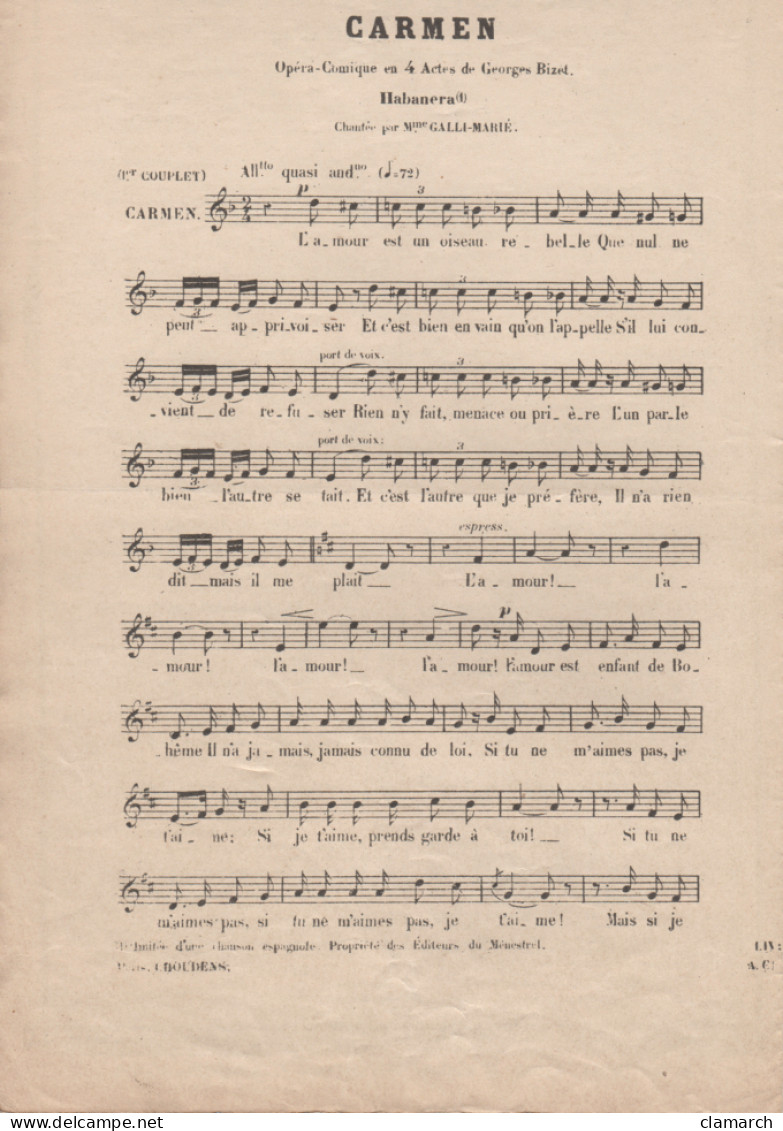 Partitions-CARMEN De L'Opéra De G Bizet-Habanera (L'amour Est Un Oiseau Rebelle...) - Partitions Musicales Anciennes