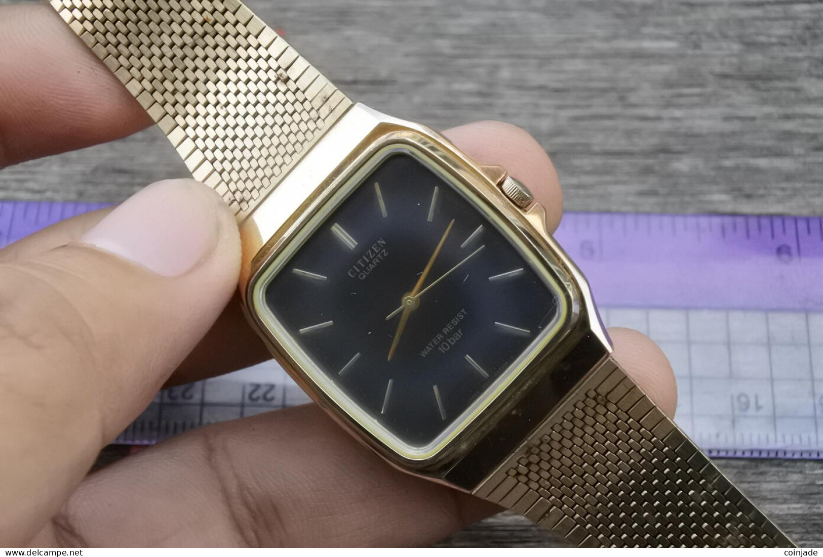 Vintage Citizen  Gold Plated Black Dial Men Quartz Watch Japan Rectangular 31mm - Horloge: Antiek