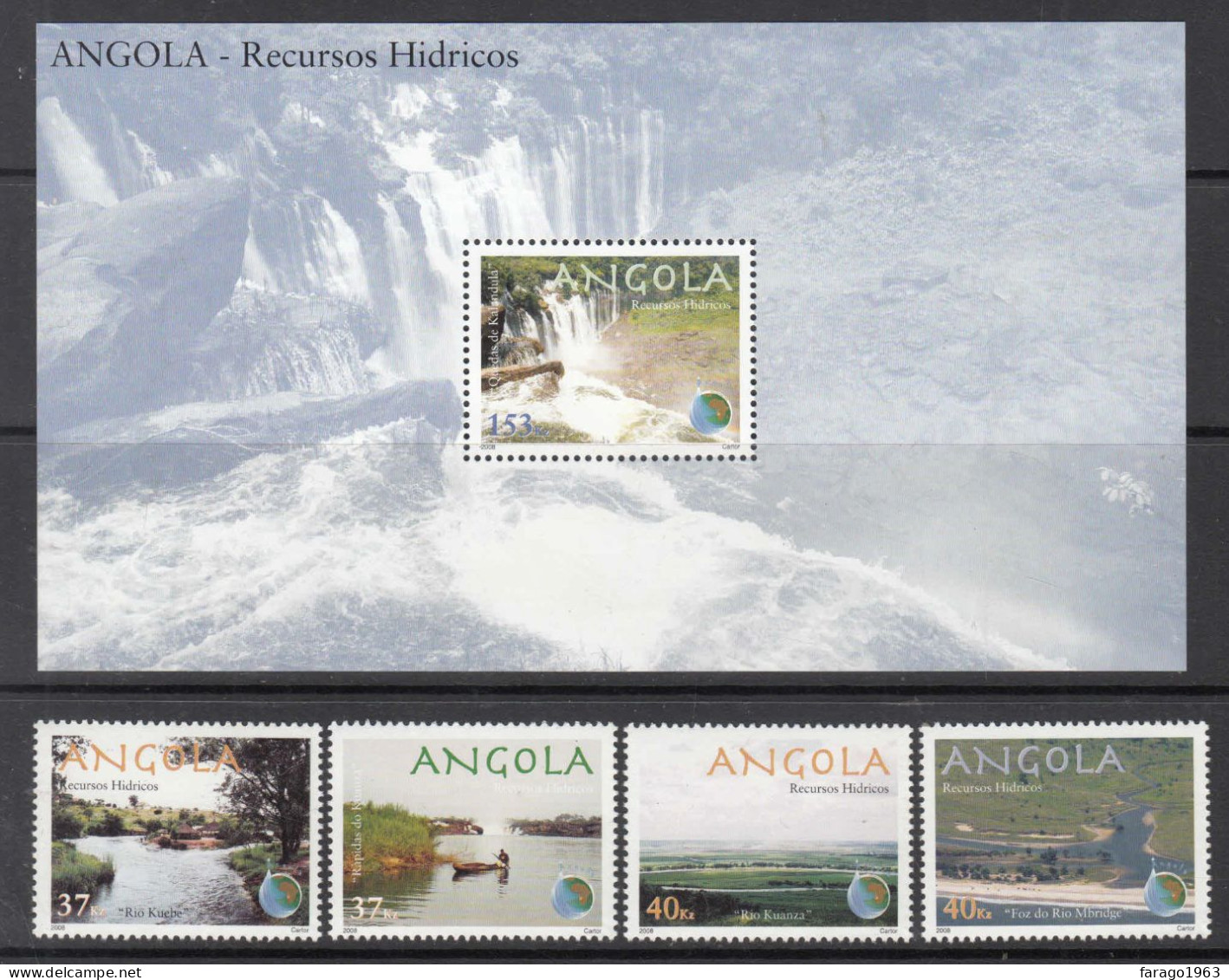 2008 Angola Water Resources Rivers Waterfalls Chutes Complete Set Of 4 + Souvenir Sheet MNH - Angola