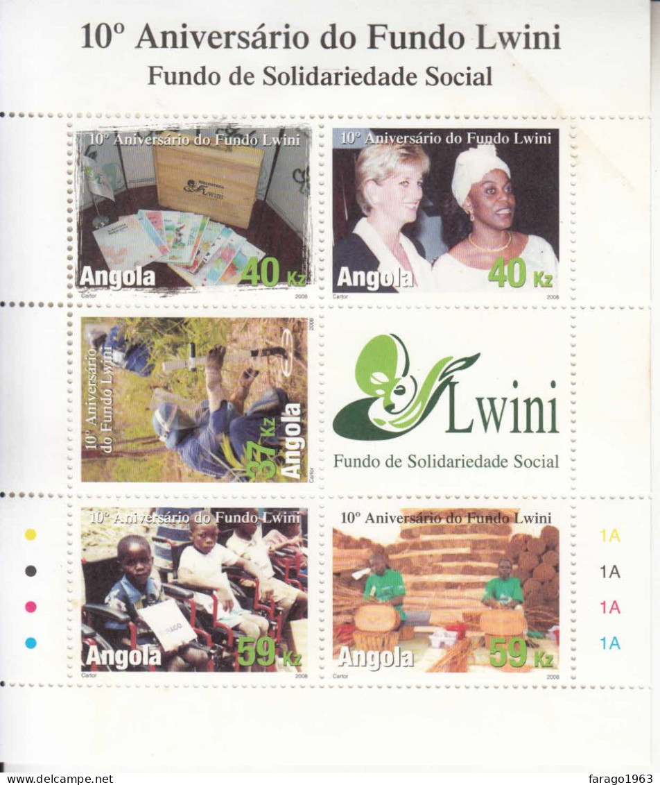 2008 Angola Lwini Fund **Discolouration Top Right** Mine Removal Books Reading Miniature Sheet Of 5 MNH - Angola