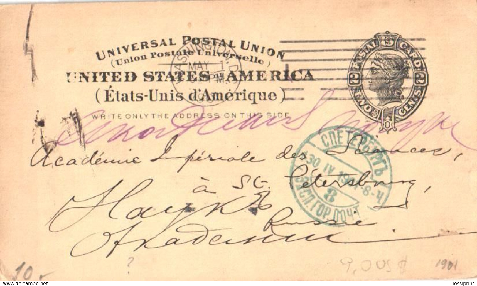 United States:USA:Postal Stationery Two Cents, To Russia 1901, Bureau Of Education - 1901-20