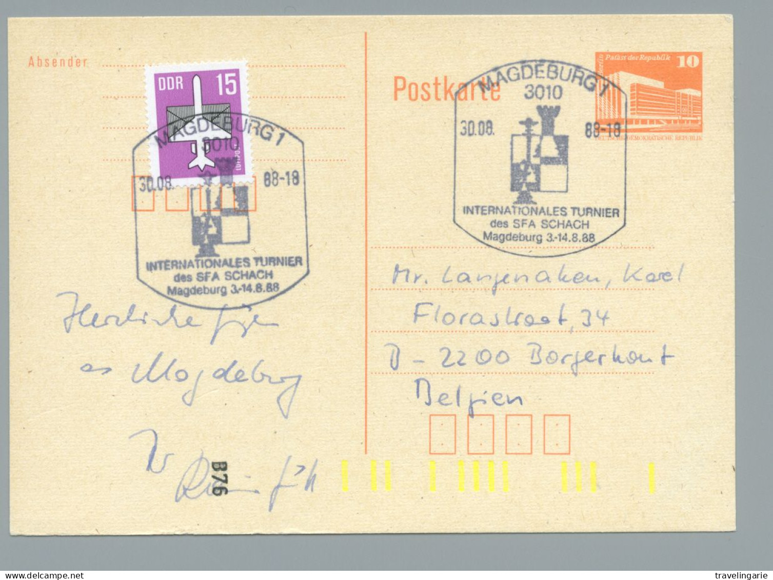 Deutschland Germany DDR Magdeburg 1988 Chess Cancel S/carte Postale On Postcard - Ajedrez