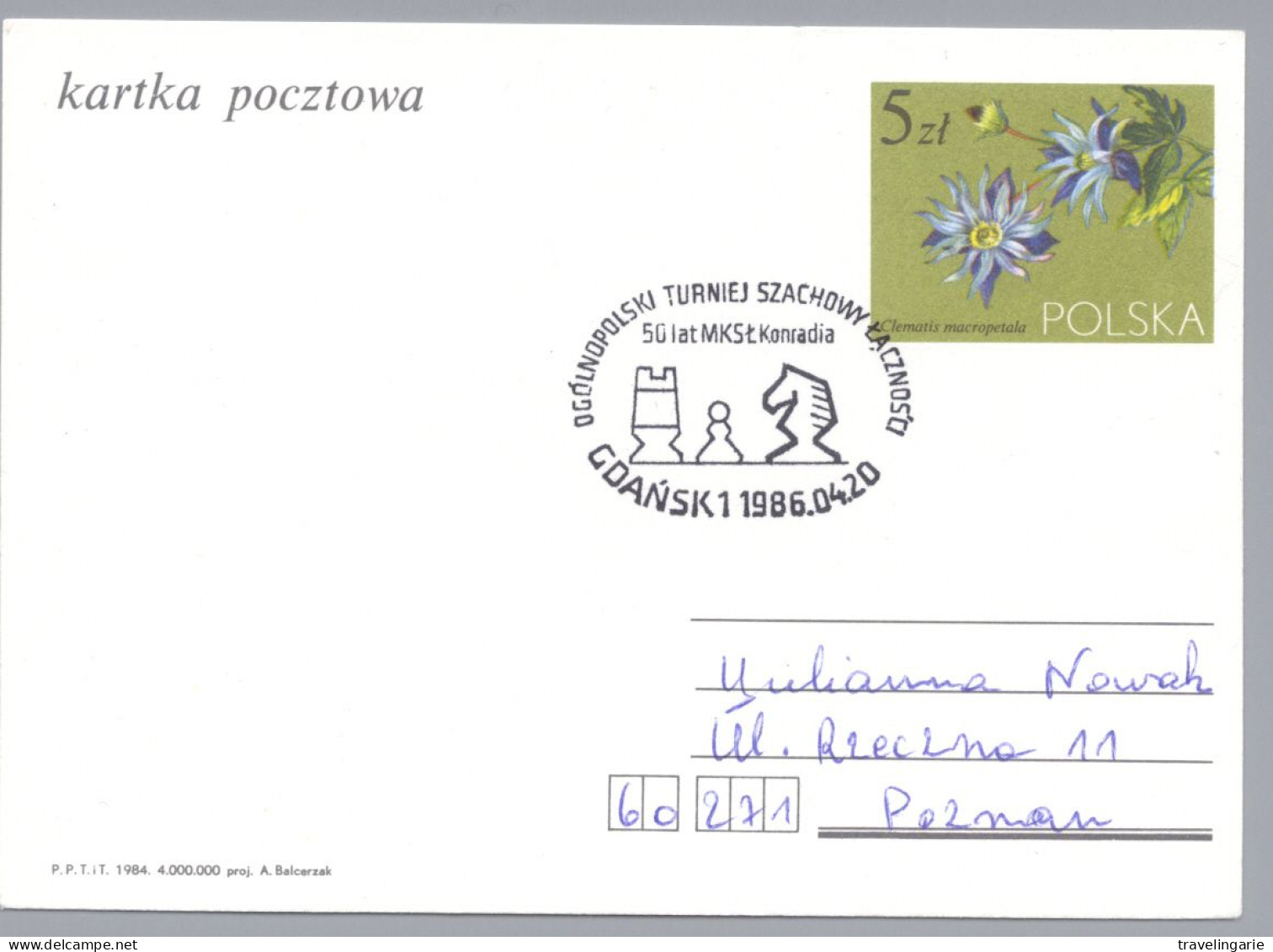 POLAND POLOGNE CHESS ECHEC Gdansk 1986 Sur Carte Postale On Postcard - Schach
