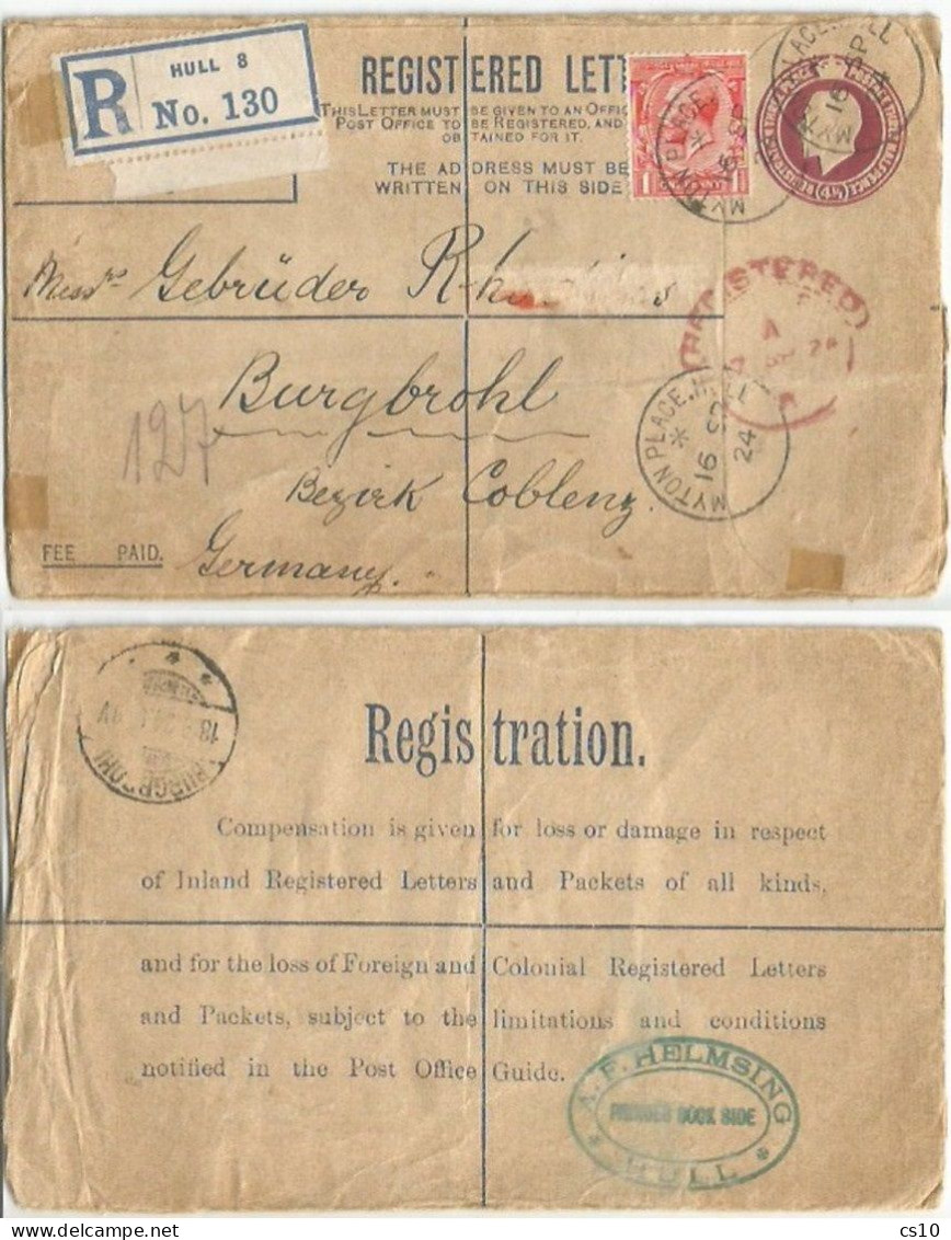 UK Britain Registered PSE CV KG5 D.4.5 Uprated With Regular D.1 Hull 16sep1924 To Germany Coblenz 18sep - Postmark Collection