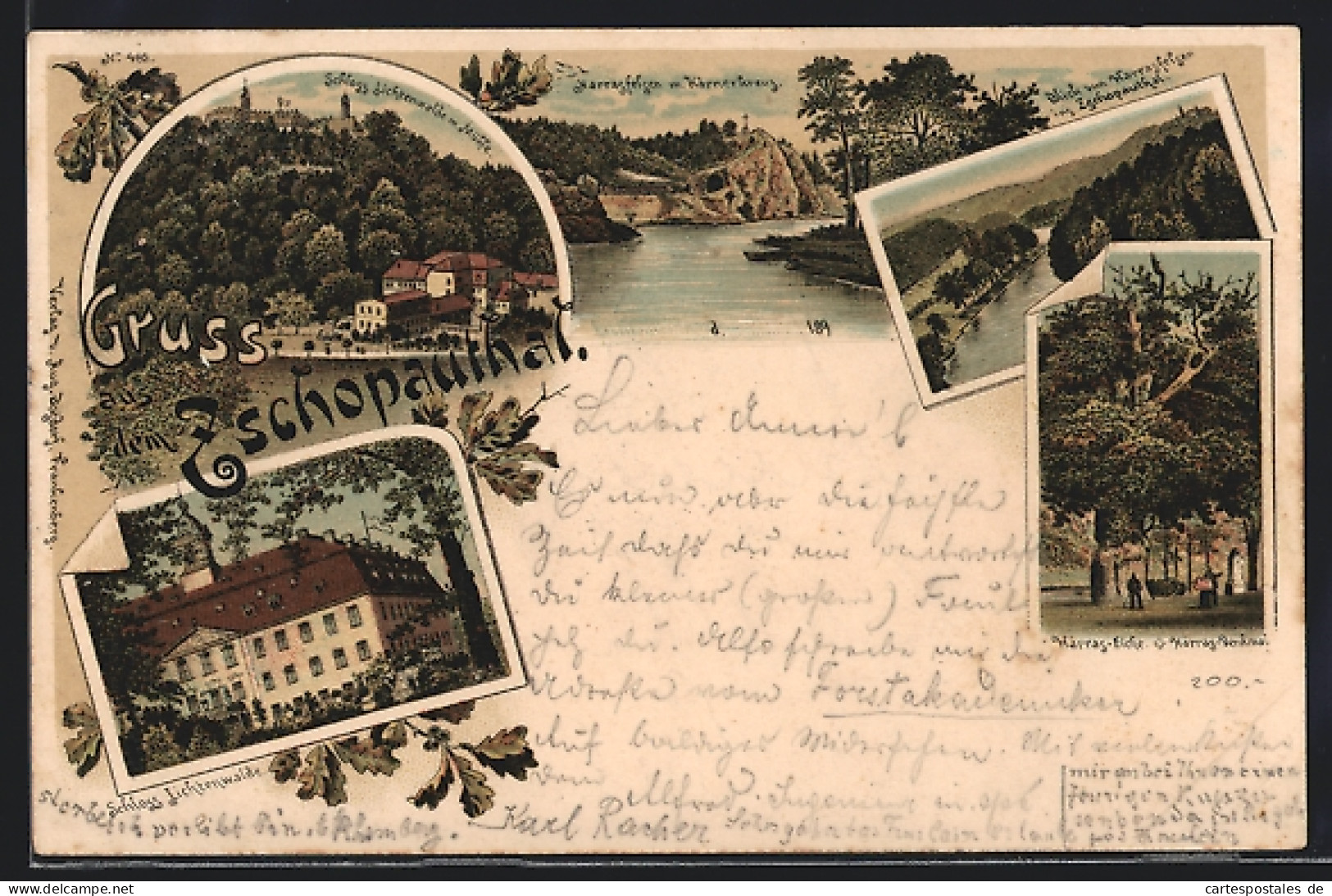 Lithographie Lichtenwalde /Zschopauthal, Schloss, Harrasfelsen Mit Körnerkreuz, Harras-Eiche  - Zschopau