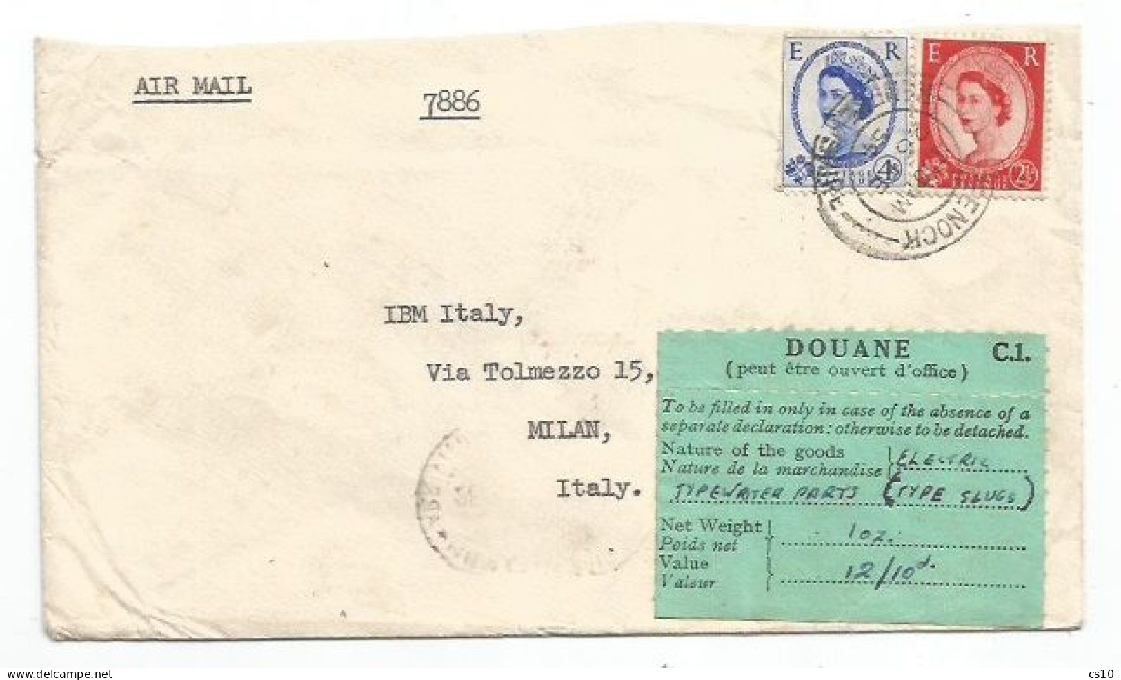 UK Britain Douane Customs Zoll Dogana Label C1 X Typewriter Parts Airmail CV UK 1954 To Italy C/o IBM Corporation - Postmark Collection