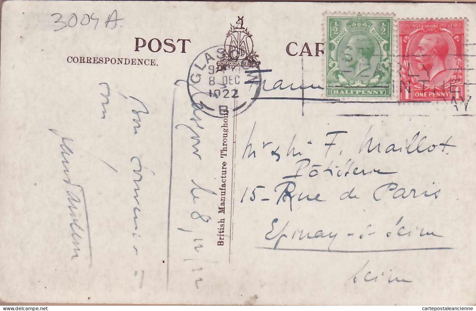 21112 / GLASGOW Lanarkshire The Art Galleries 1922 à MAILLOT Epinay-sur-Seine  BRITISH MANUFACTURE THROUGHOUT - Lanarkshire / Glasgow